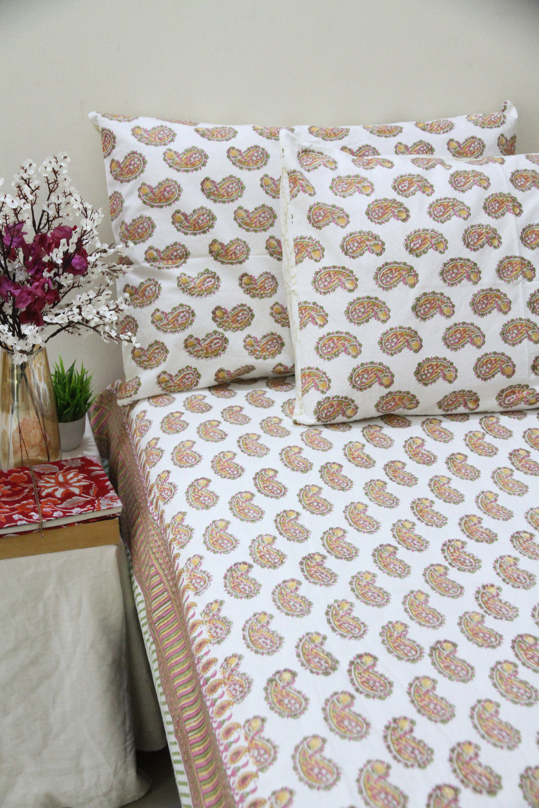 Heritage motifs block printed cotton bedsheet with pillow covers