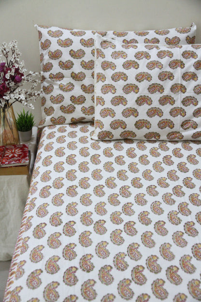 Heritage motifs block printed cotton bedsheet with pillow covers