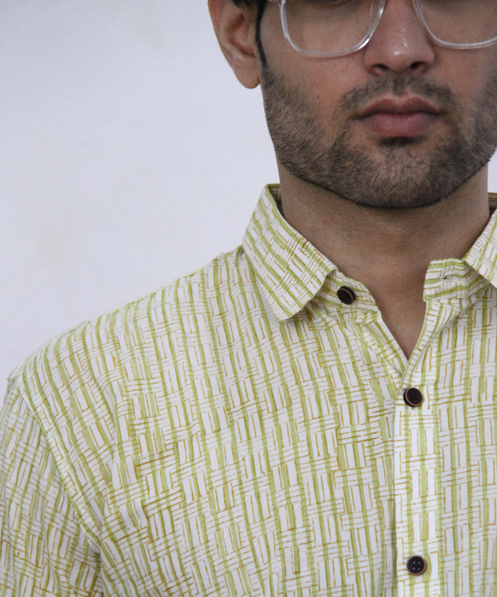 Green Geometric Hand Block Printed Half Sleeve Shirt