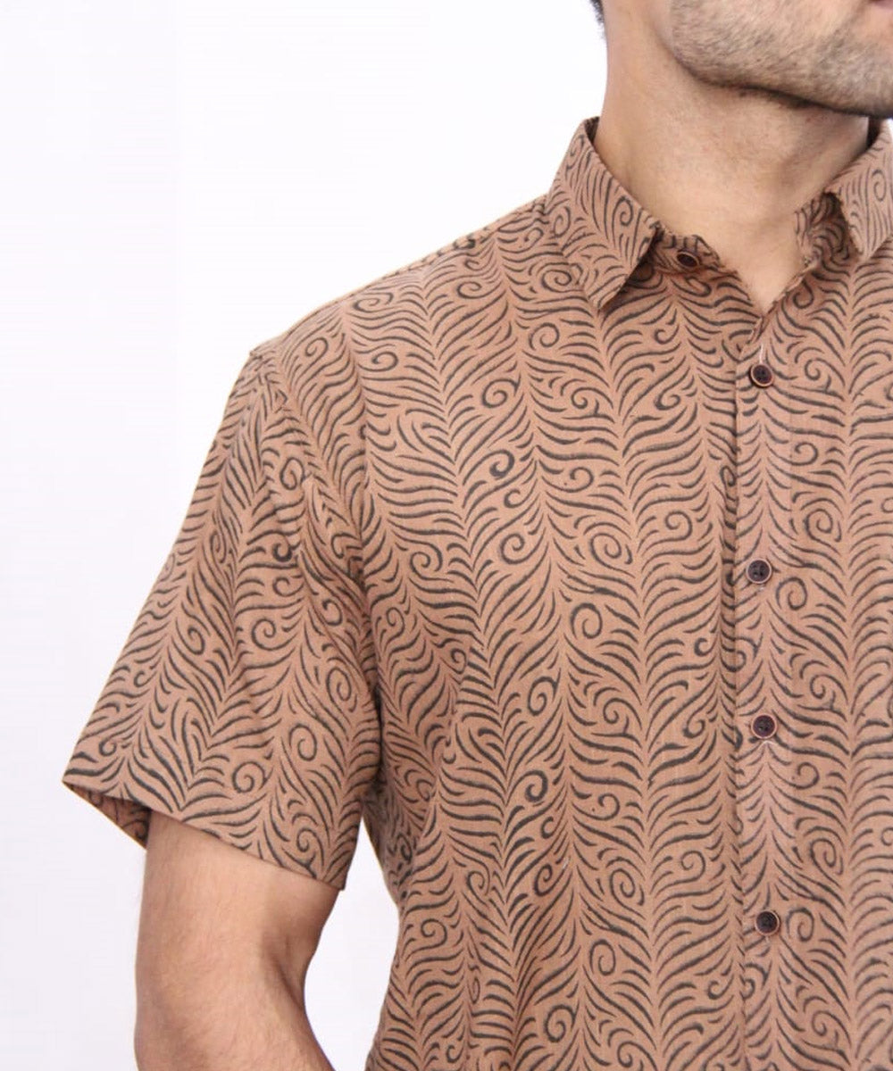 Brown Abstract Pattern Hand Block Printed Half Sleeve Shirt