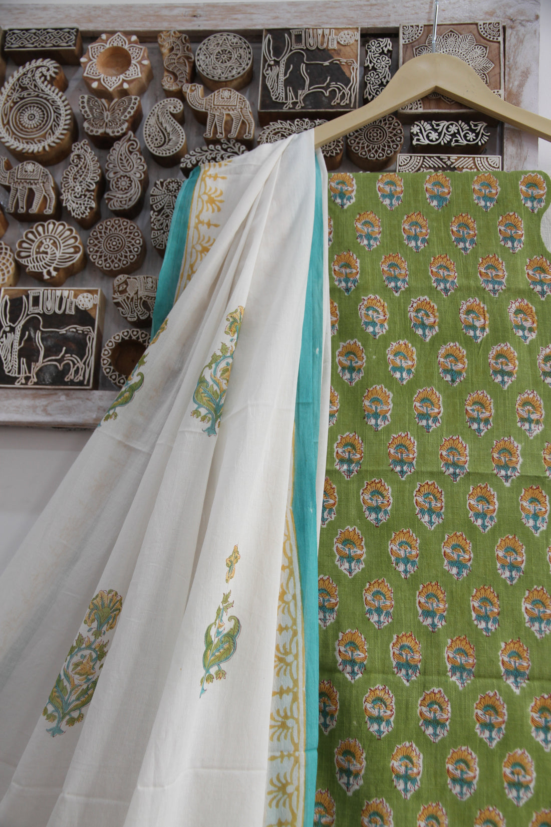 Sheen Green Floral Buti Hand Block Printed Cotton Unstitched Suit Set