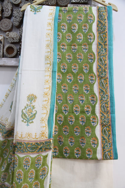 Sheen Green Floral Buti Hand Block Printed Cotton Unstitched Suit Set