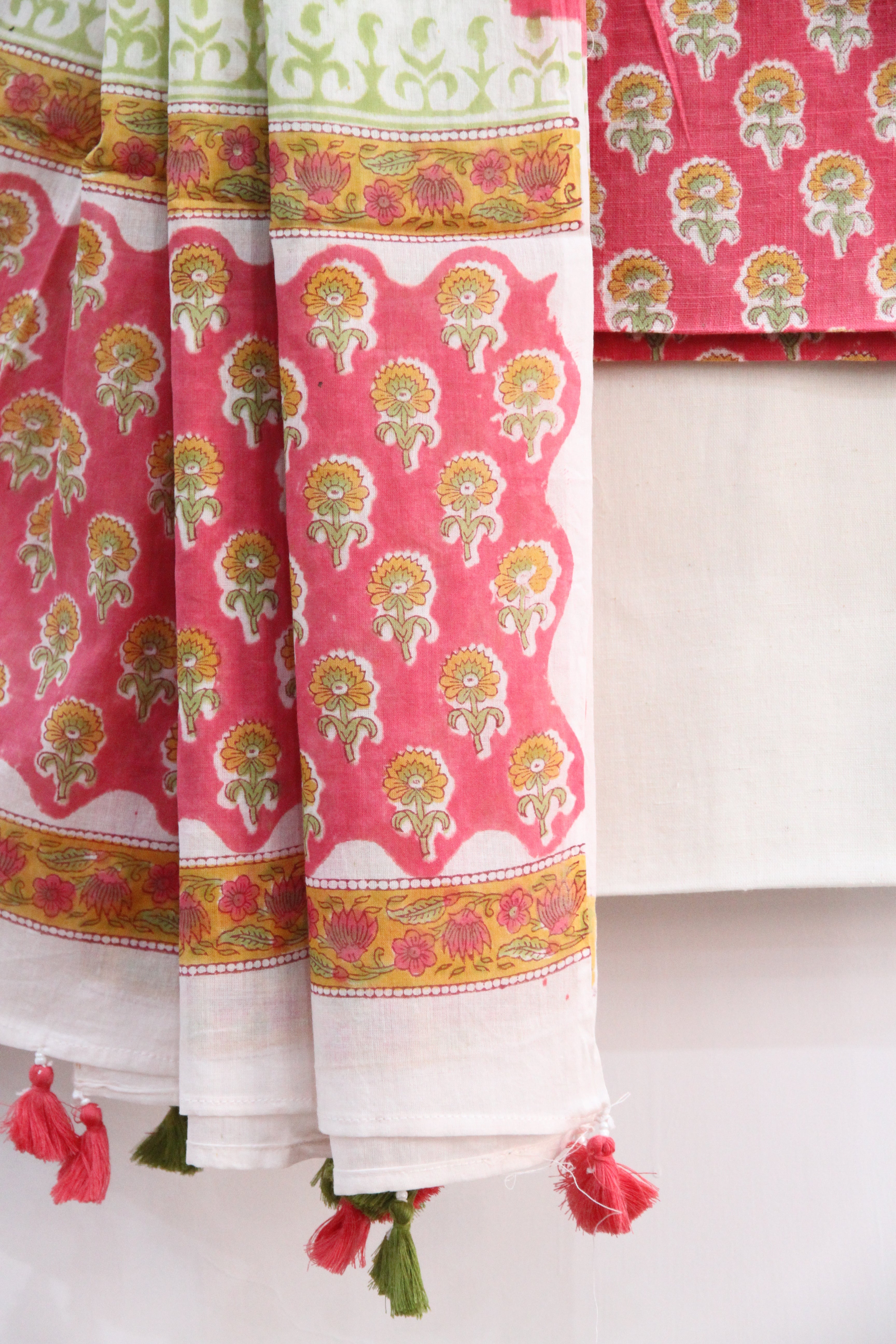 Strawberry Pink Floral Buti Hand Block Printed Cotton Unstitched Suit Set
