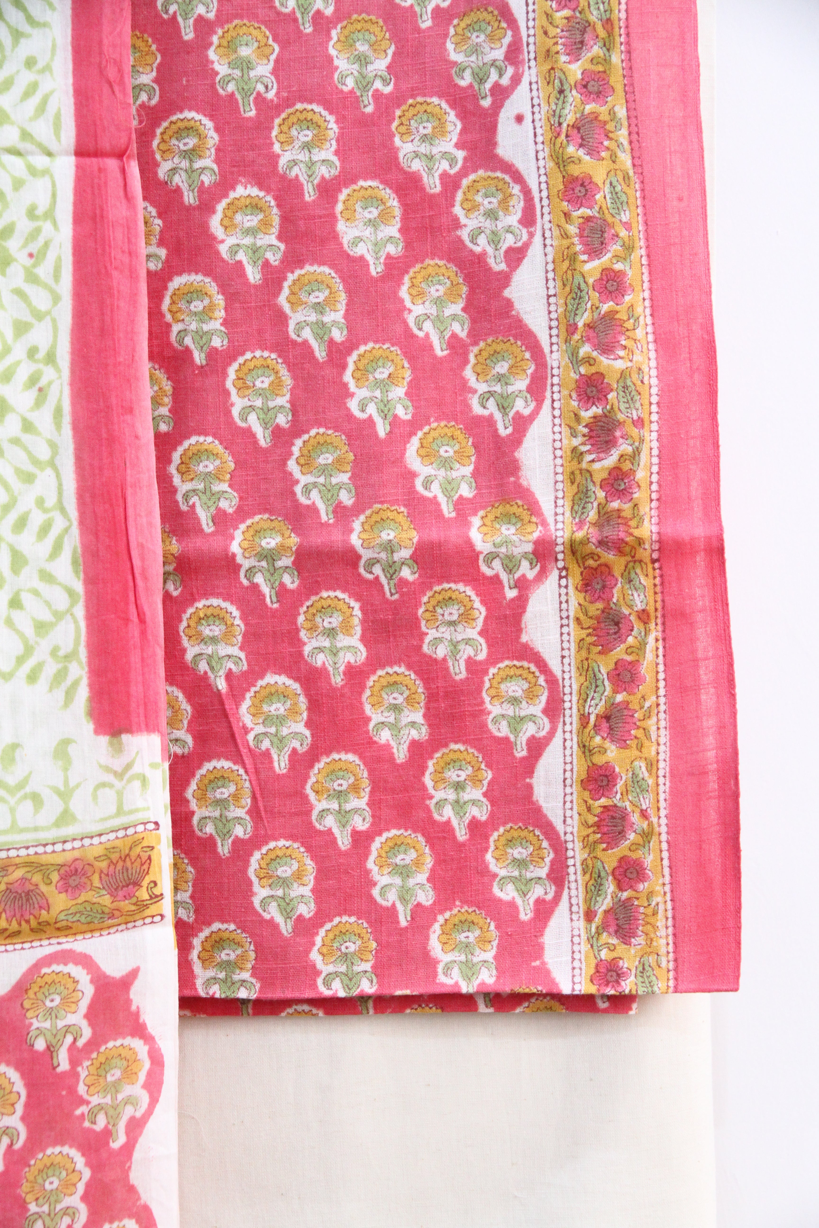 Strawberry Pink Floral Buti Hand Block Printed Cotton Unstitched Suit Set