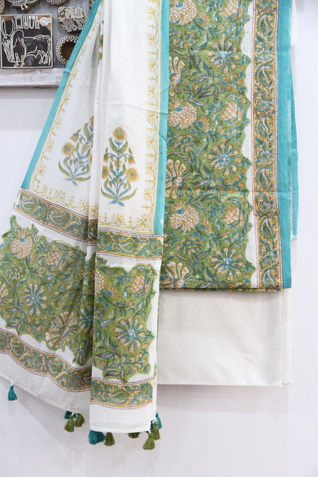 Sheen Green Floral Jaal Hand Block Printed Cotton Unstitched Suit Set