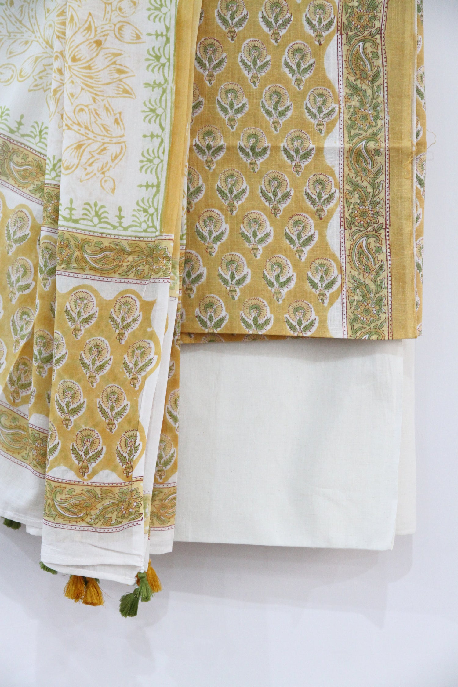 Mustard Floral Buti Hand Block Printed Cotton Unstitched Suit Set