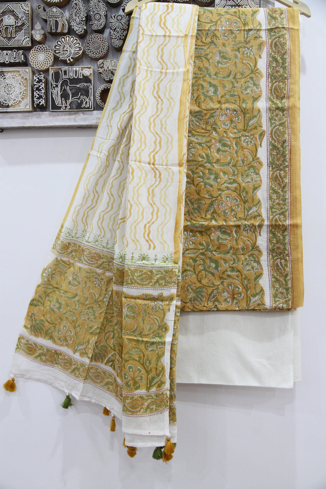 Mustard Floral Jaal Hand Block Printed Cotton Unstitched Suit Set