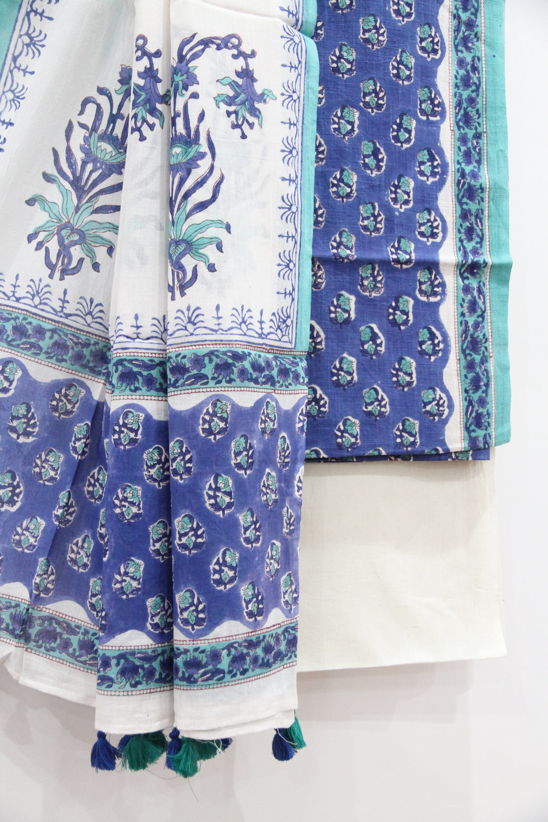 Violet Blue Floral Buti Hand Block Printed Cotton Unstitched Suit Set