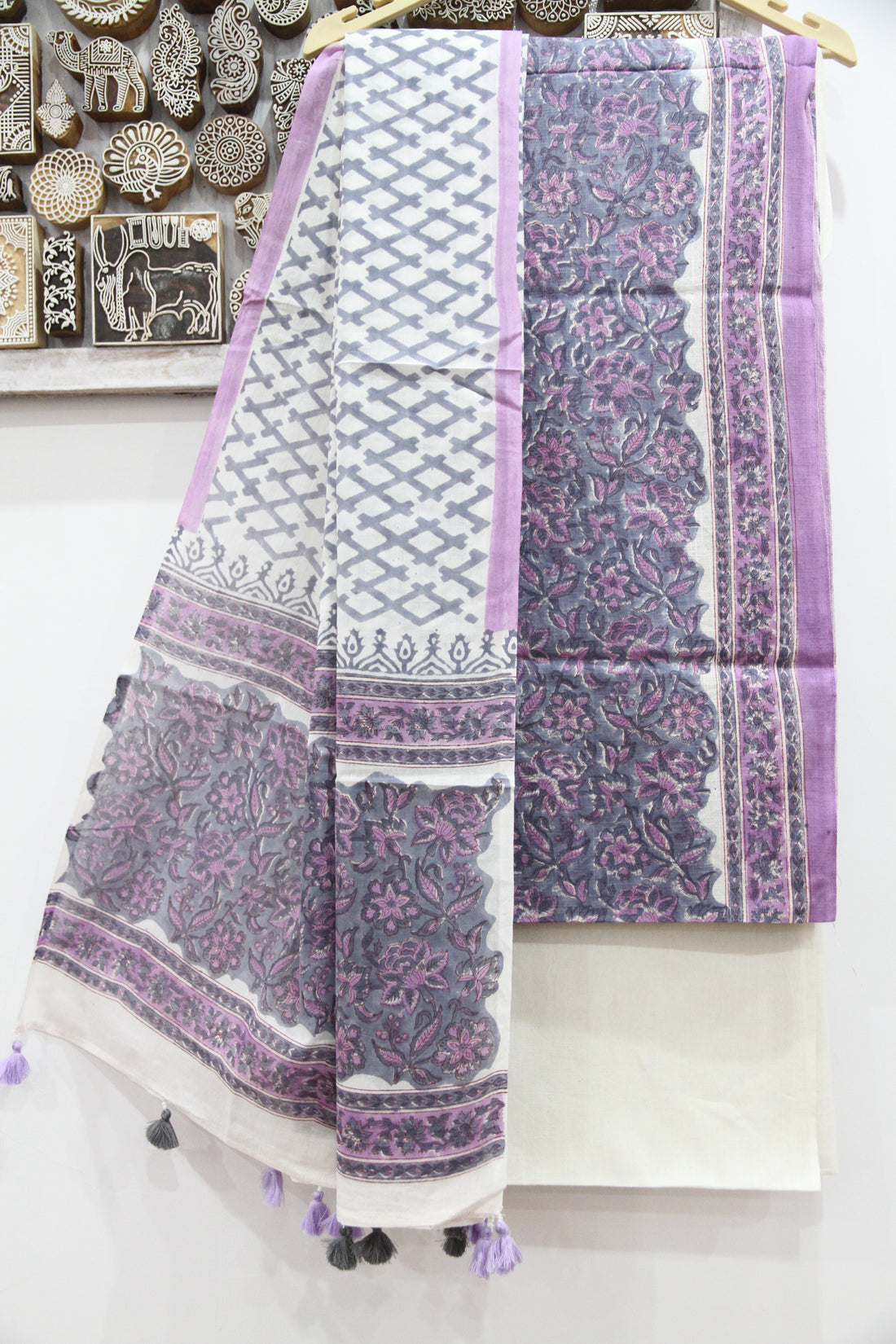 Coin Grey Floral Jaal Hand Block Printed Cotton Unstitched Suit Set