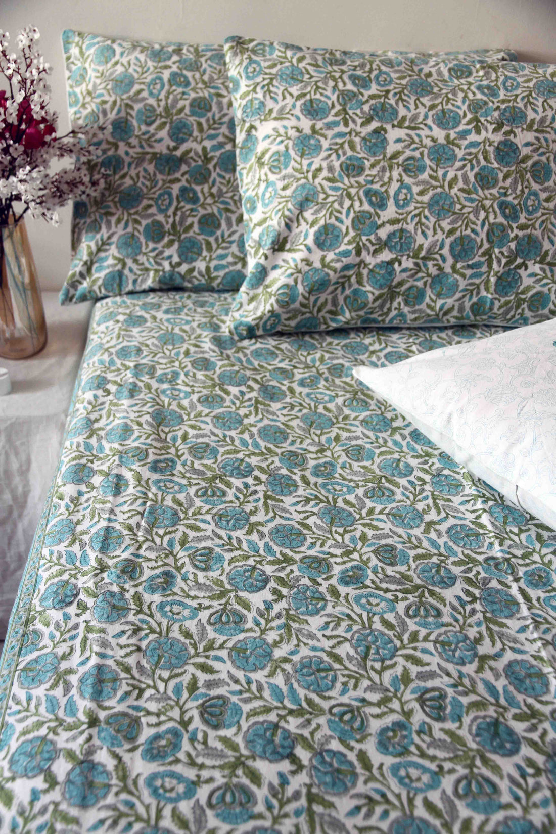 Teal Blue Floral Jaal On White Hand Block Printed Cotton Bedsheet