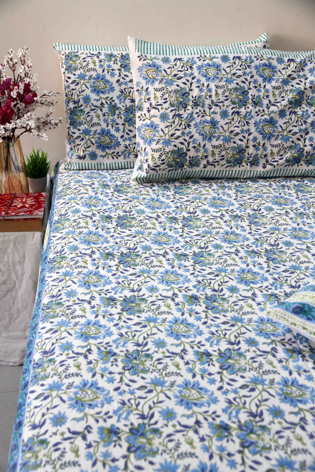 Blue Floral Mughal Jaal On White Hand Block Printed Cotton Bedsheet