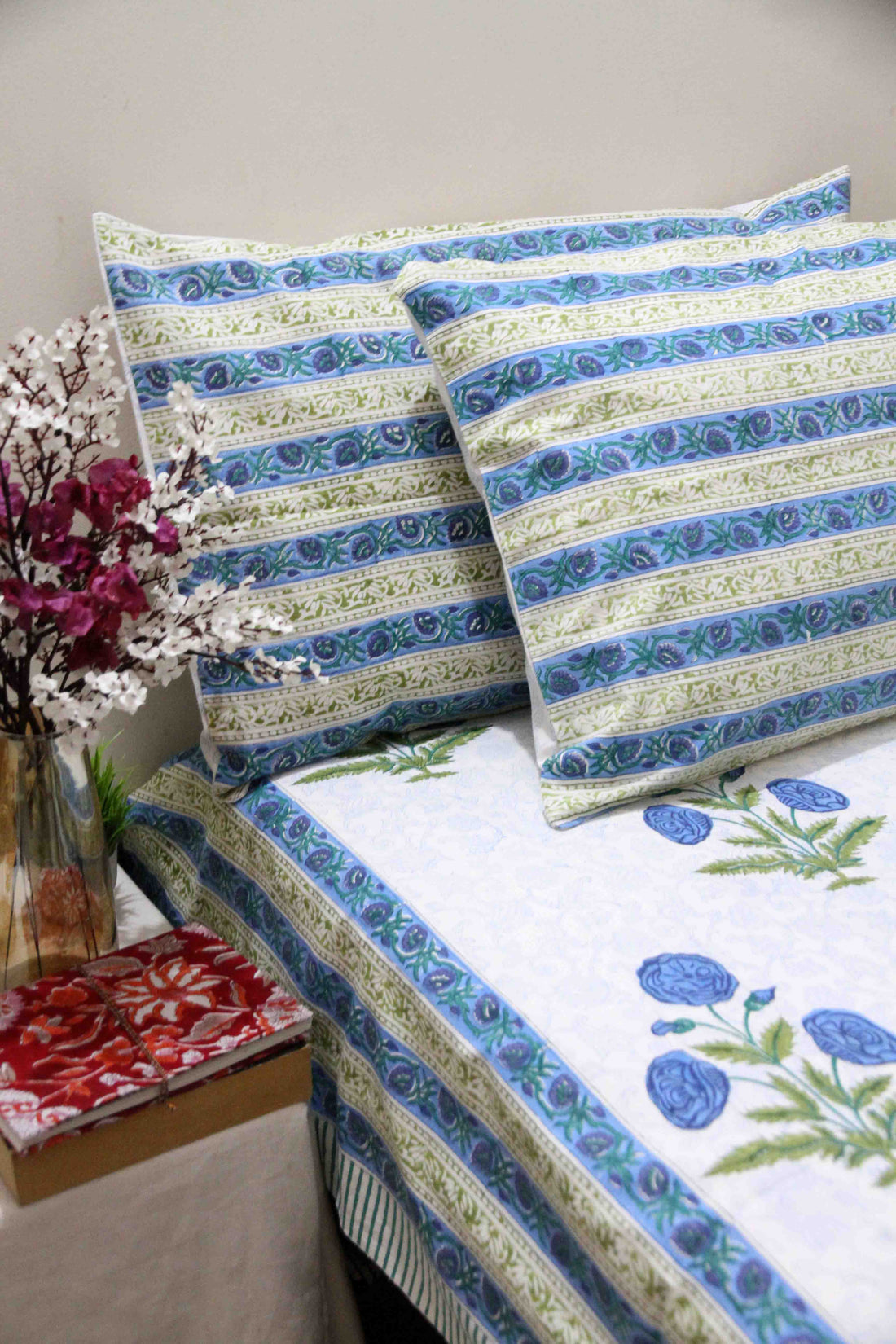 Blue Mughal Buta White Hand Block Printed Cotton Bedsheet