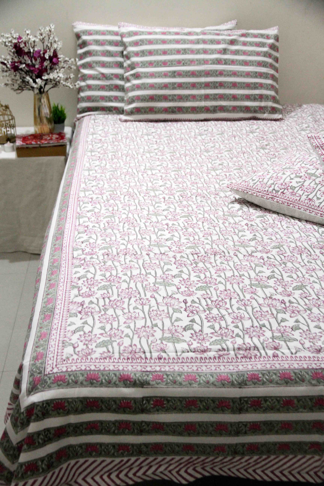 Pink Lotus Jaal White Hand Block Printed Cotton Bedsheet