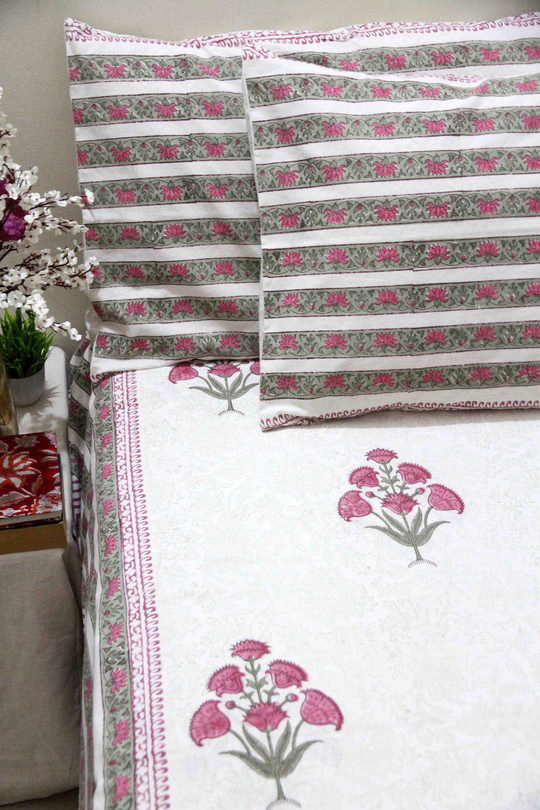Pink Mughal Buta White Hand Block Printed Cotton Bedsheet
