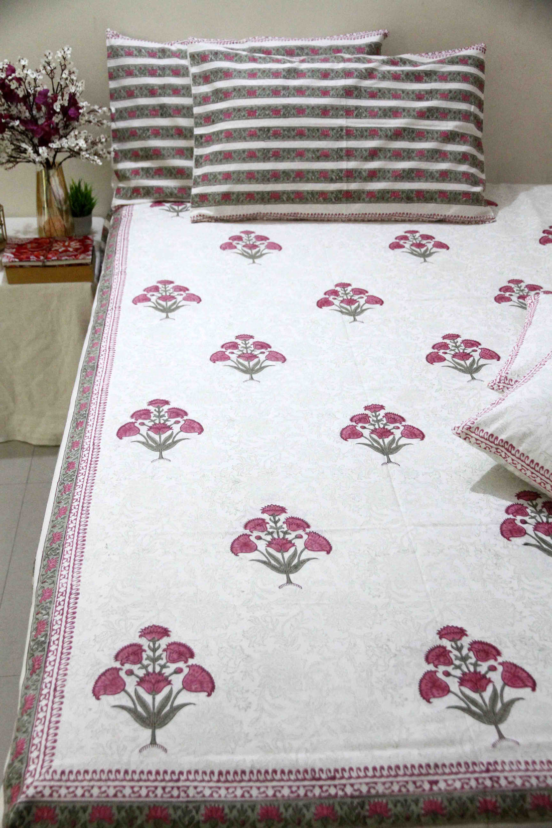 Pink Mughal Buta White Hand Block Printed Cotton Bedsheet