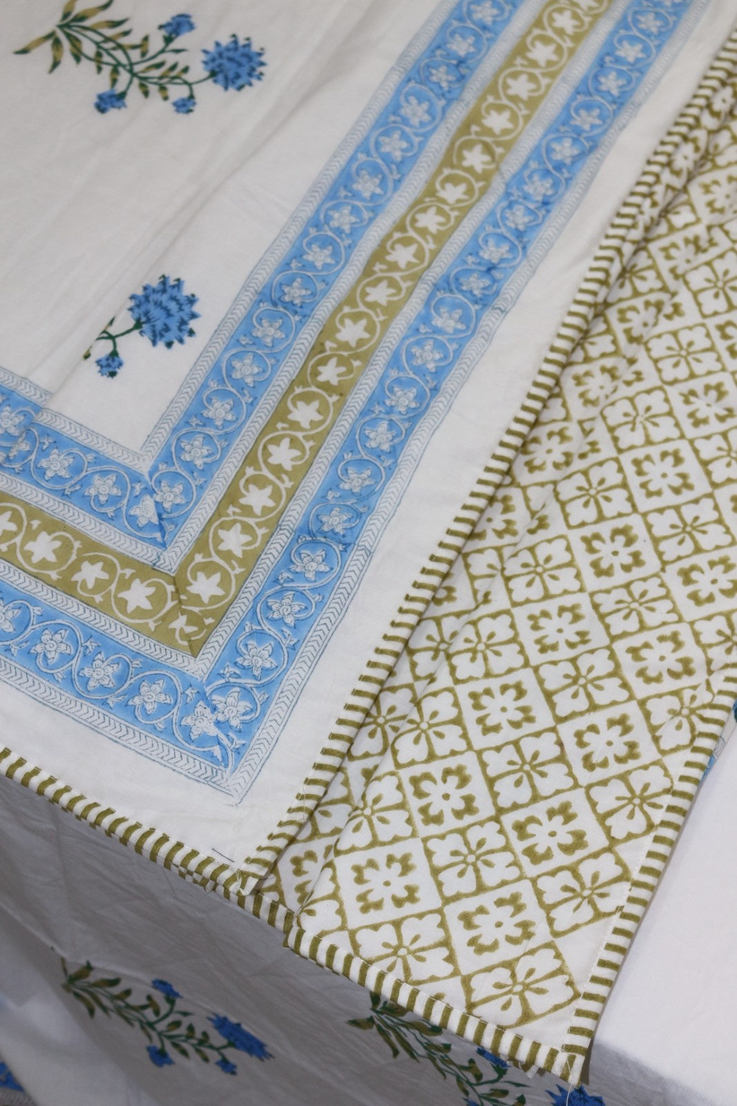 Blue Mughal Butta White Hand Block Printed Cotton Dohar