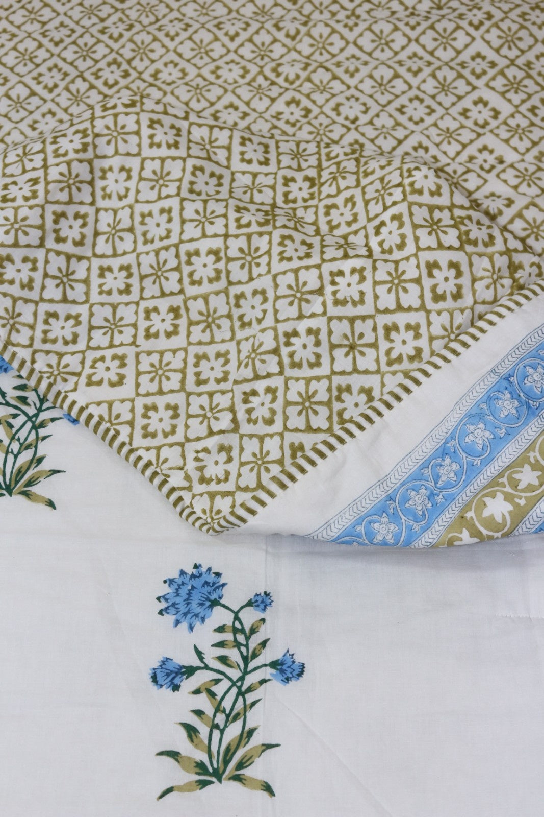 Blue Mughal Butta White Hand Block Printed Cotton Dohar