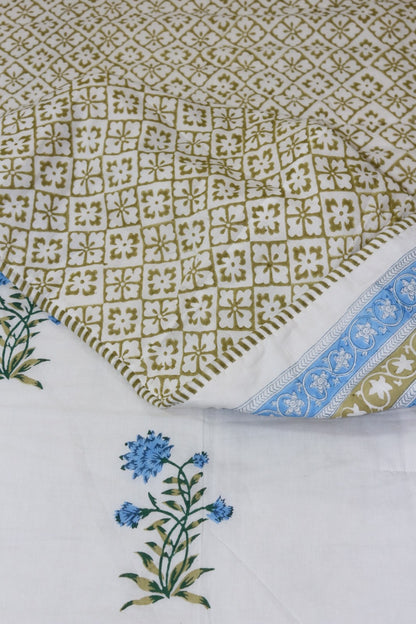 Blue Mughal Butta White Hand Block Printed Cotton Dohar