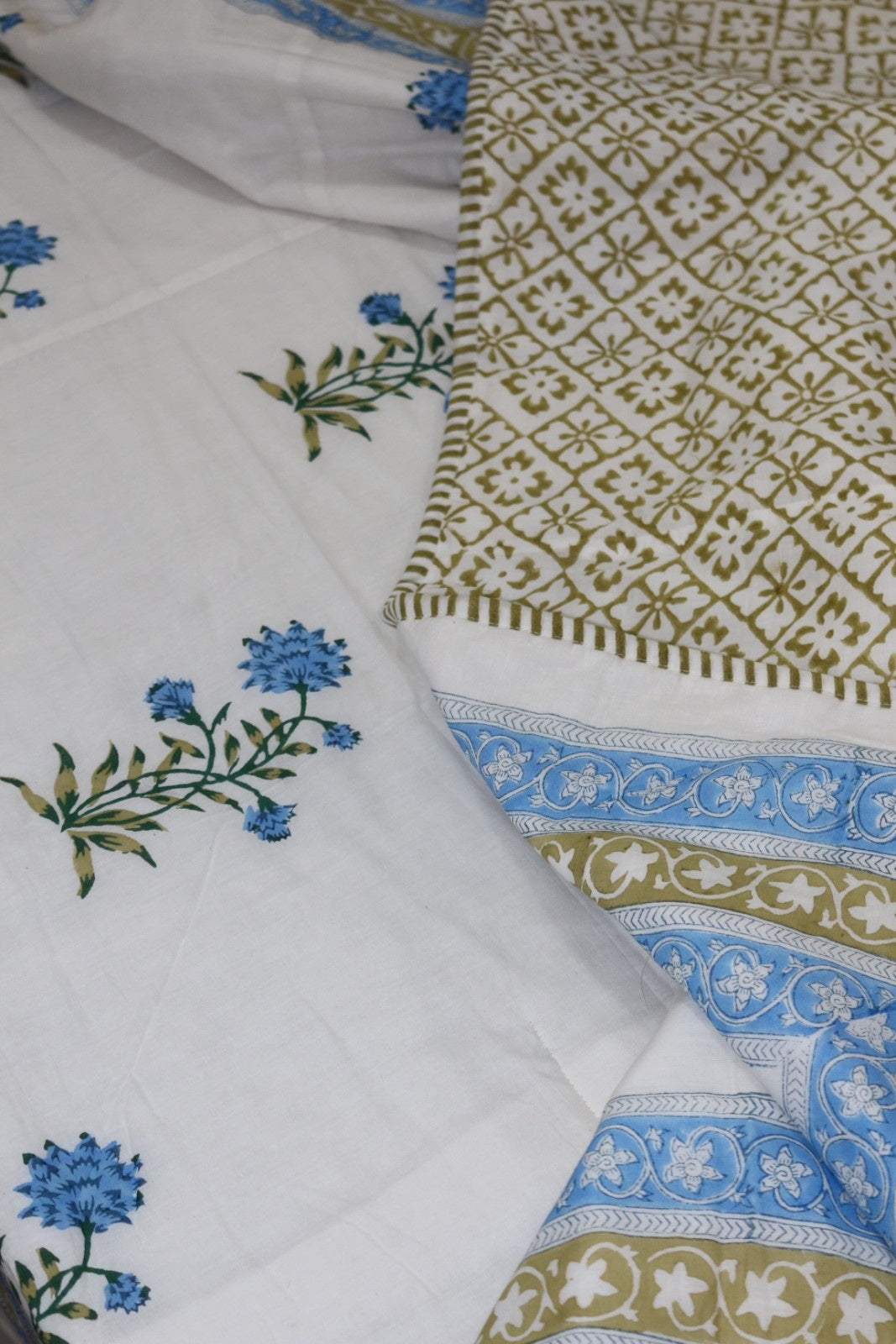 Blue Mughal Butta White Hand Block Printed Cotton Dohar