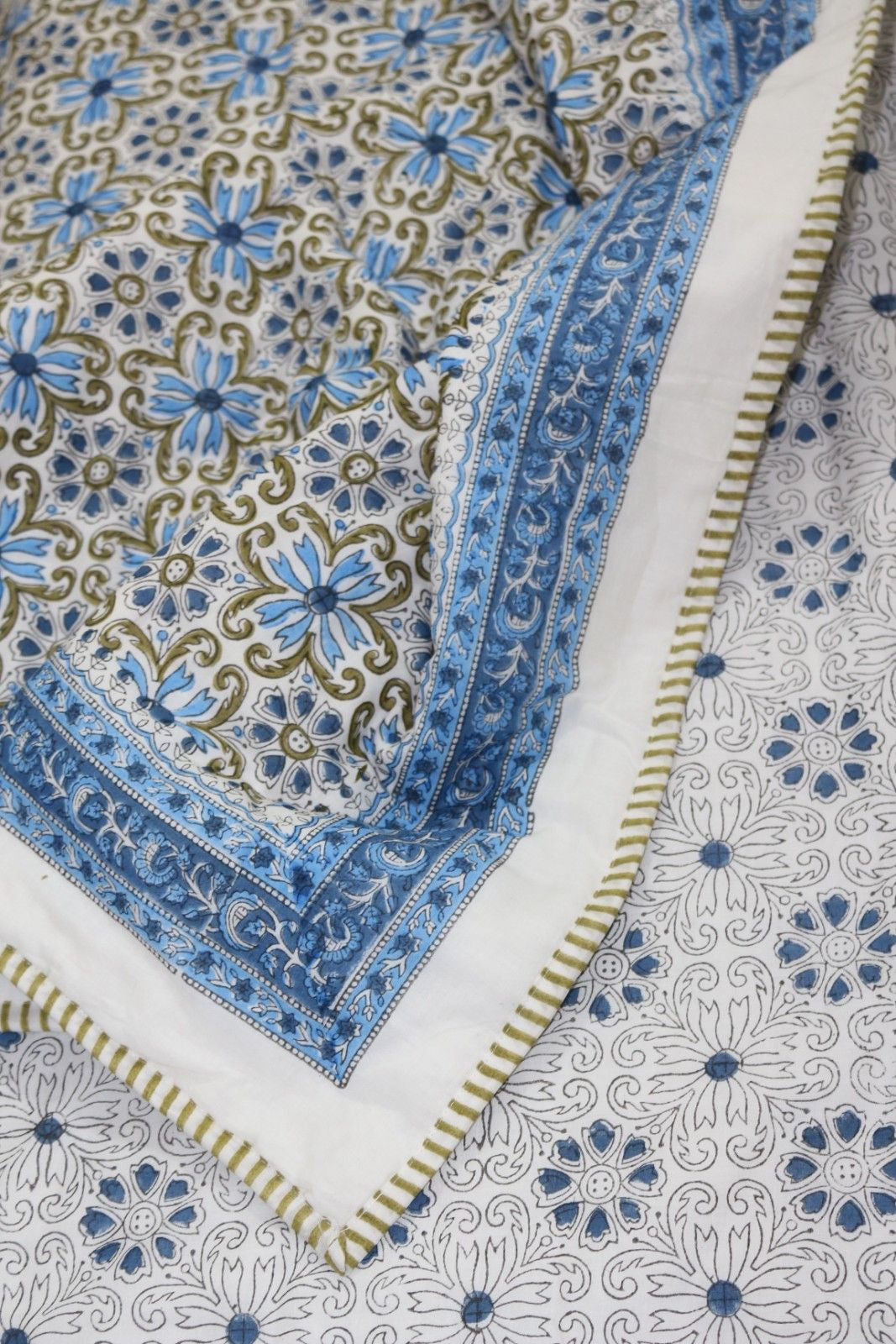 Blue Mughal jaal White Hand Block Printed Cotton Dohar