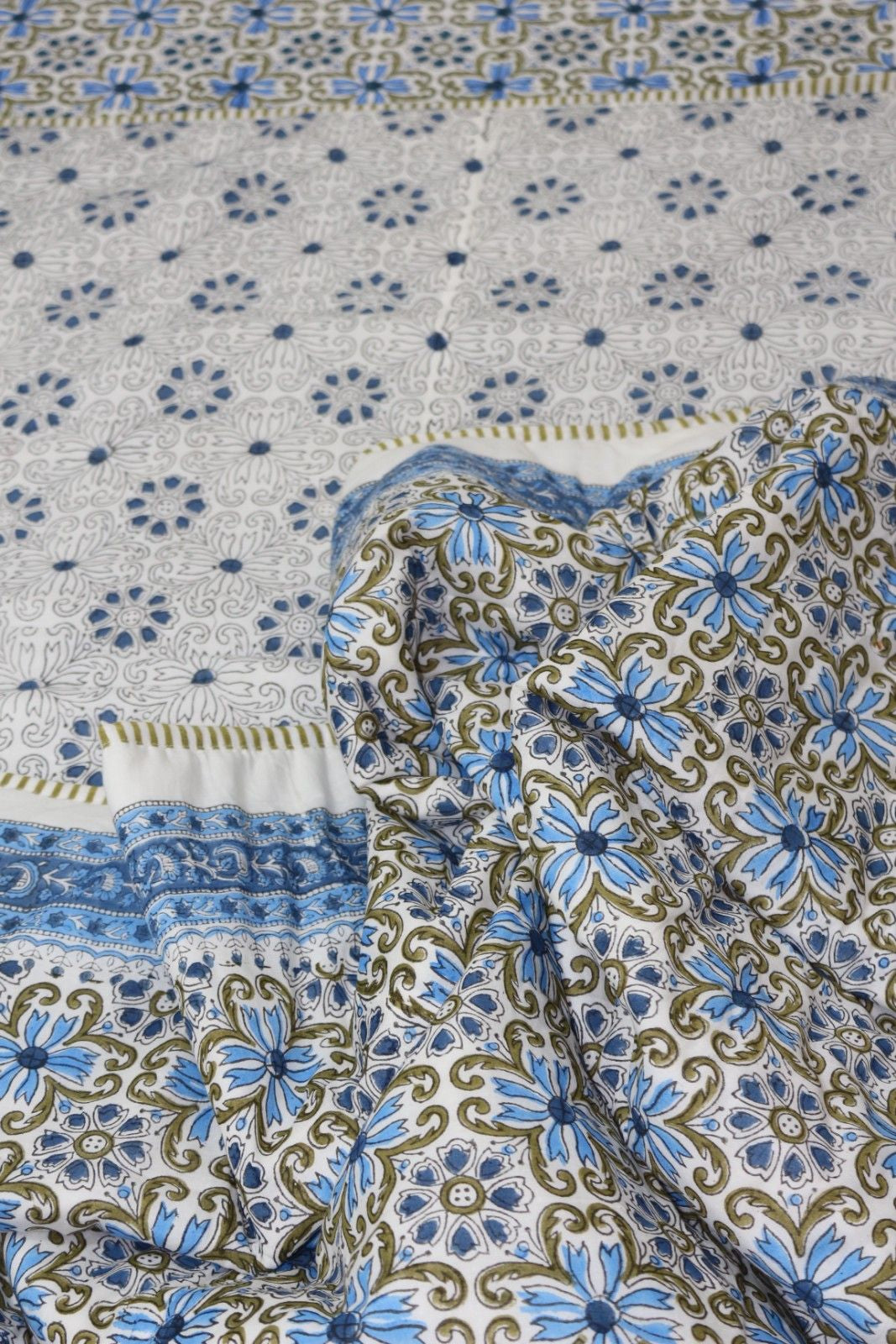 Blue Mughal jaal White Hand Block Printed Cotton Dohar