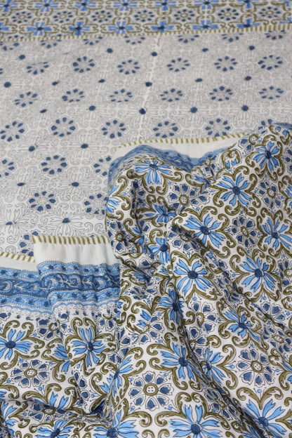 Blue Mughal jaal White Hand Block Printed Cotton Dohar