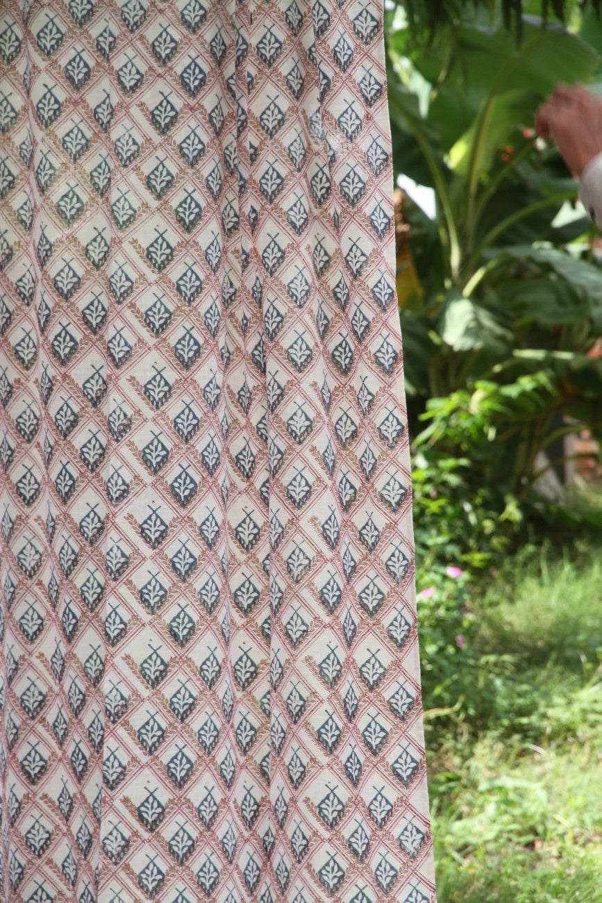 Leaf line floral Hand Block Printed Cotton Window Curtain