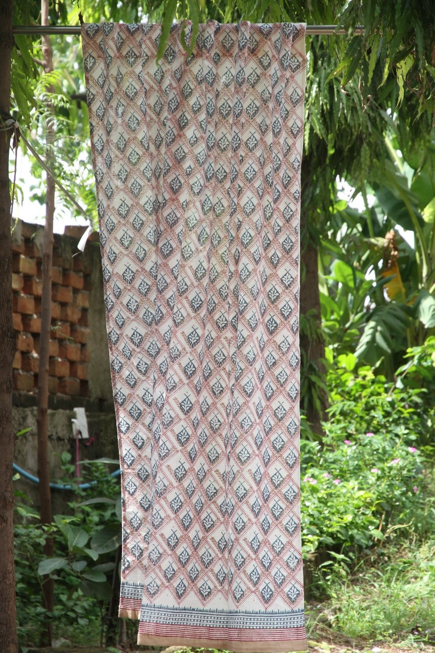 Leaf line floral Hand Block Printed Cotton Window Curtain