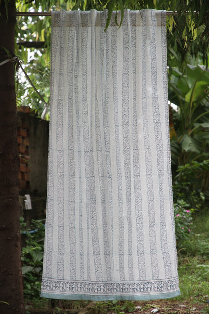 Border Line Floral Hand Block Printed Cotton Window Curtain