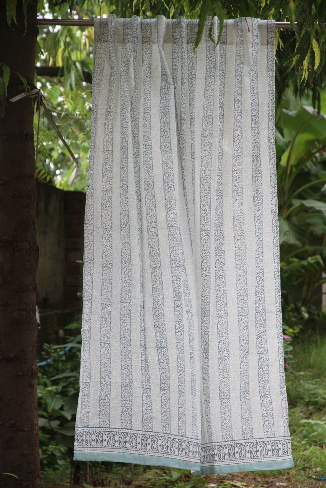 Border Line Floral Hand Block Printed Cotton Window Curtain