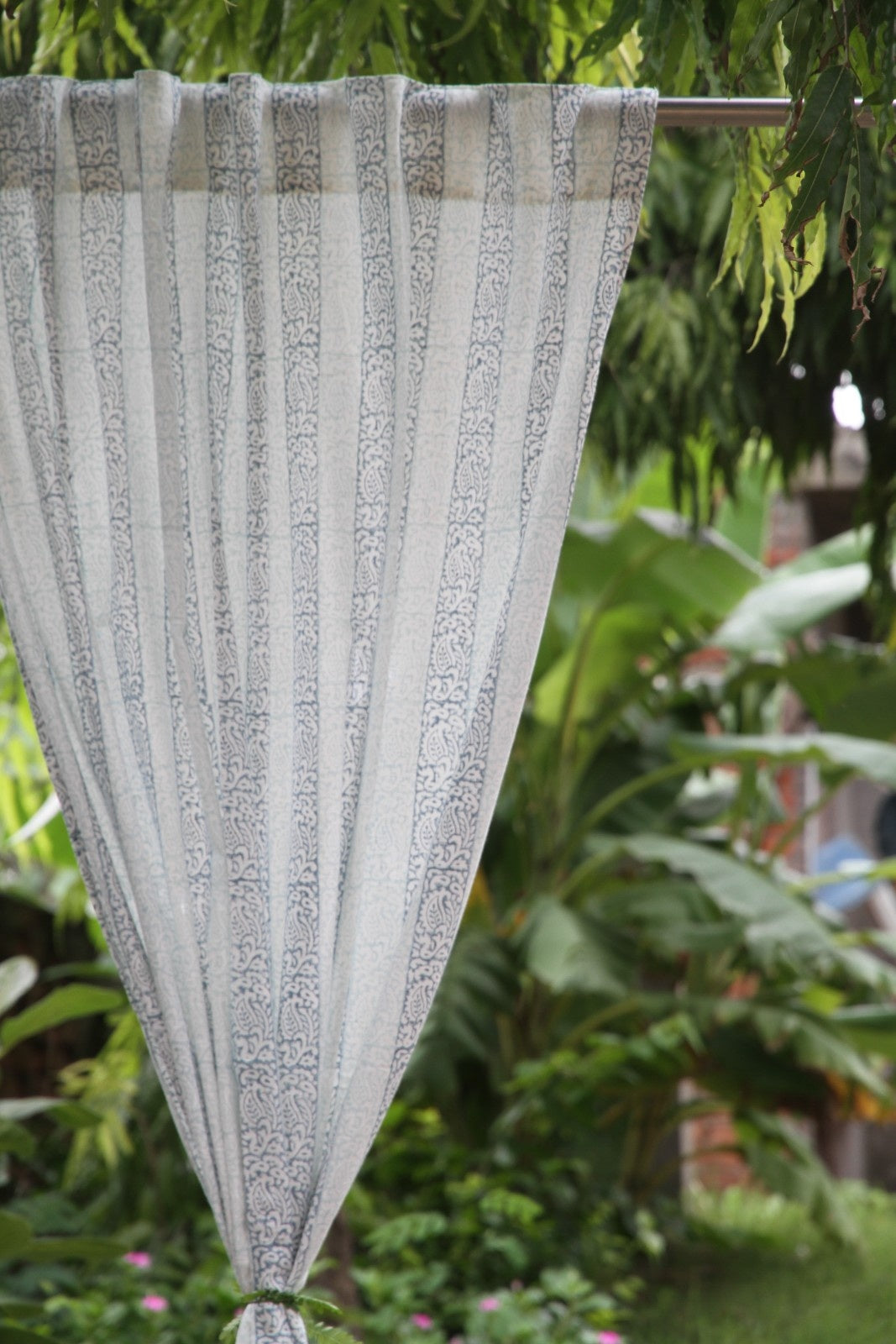 Border Line Floral Hand Block Printed Cotton Window Curtain