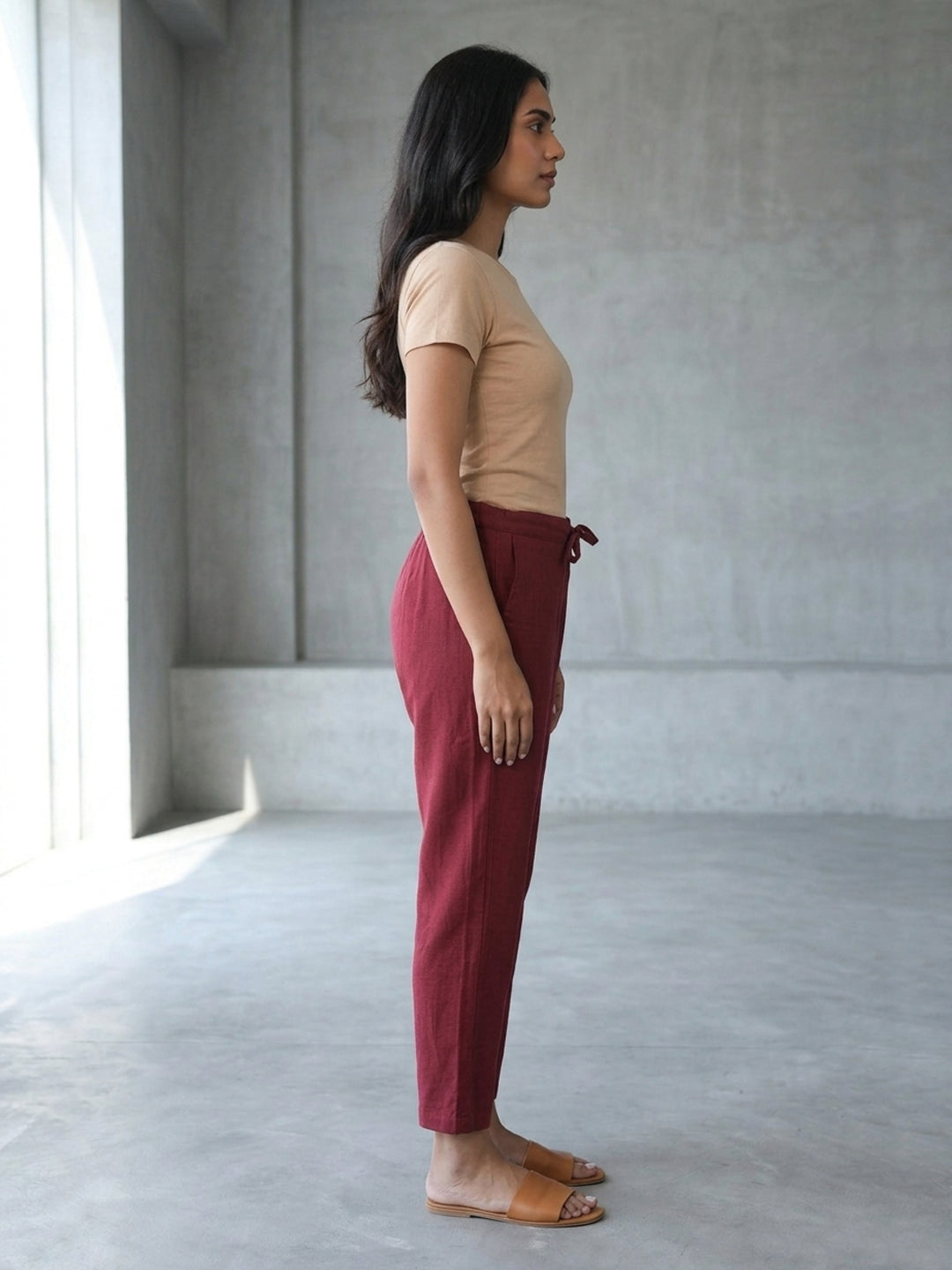 Maroon Cotton Linen Straight Pants with Drawstring Waist