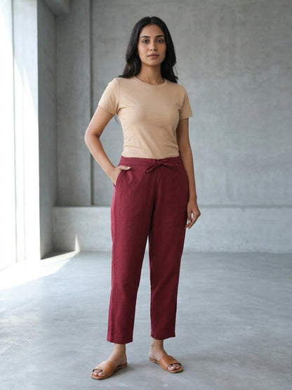 Maroon Cotton Linen Straight Pants with Drawstring Waist