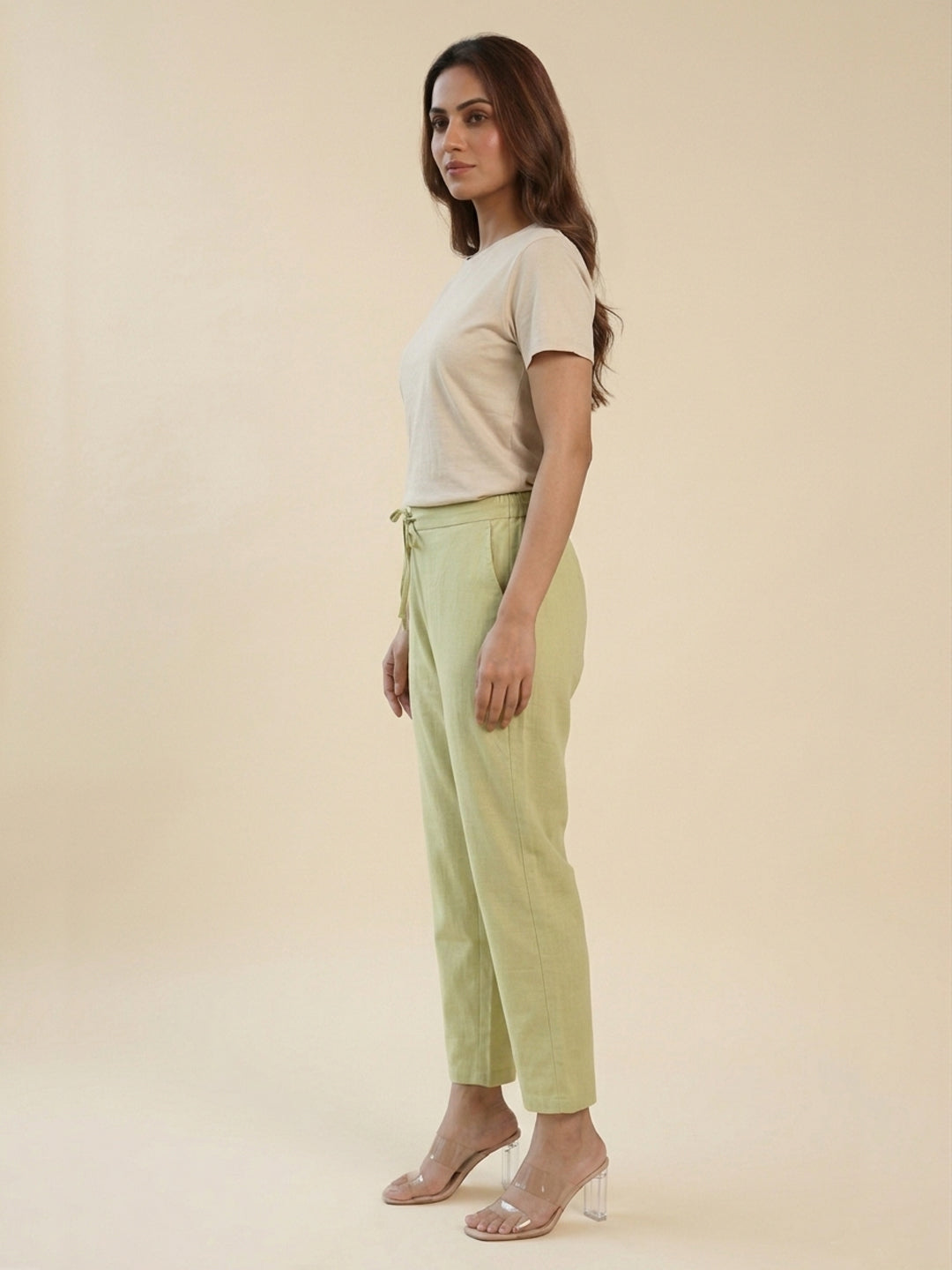 Pistachio Green Cotton Linen Straight Pants with Drawstring Waist