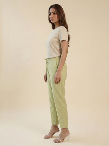 Pistachio Green Cotton Linen Straight Pants with Drawstring Waist