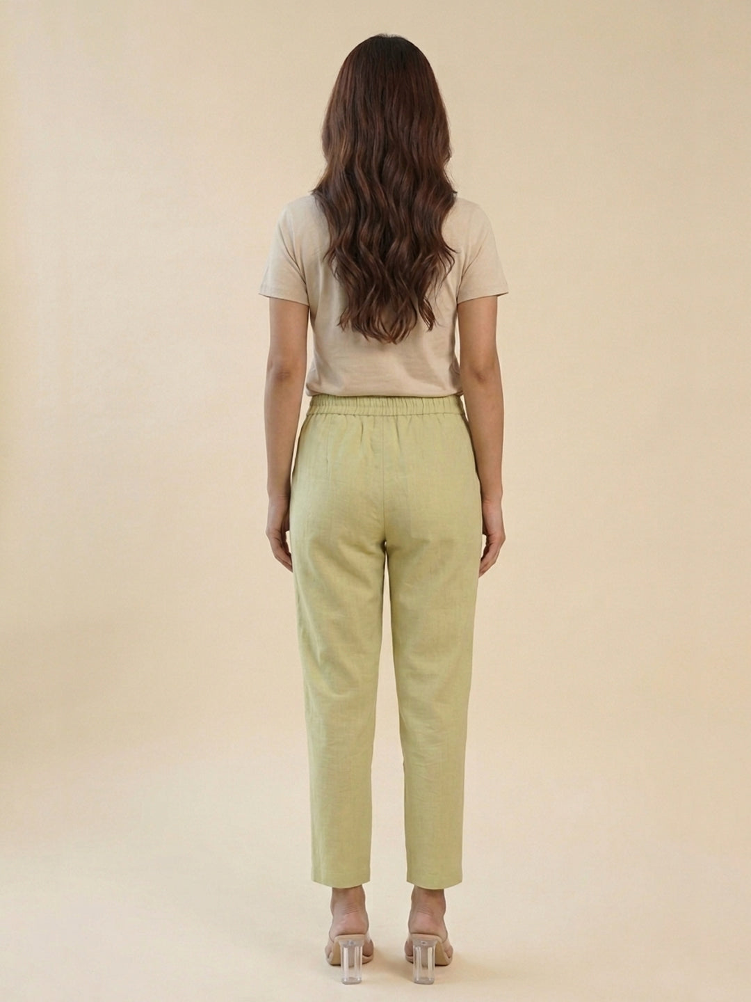 Pistachio Green Cotton Linen Straight Pants with Drawstring Waist