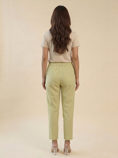 Pistachio Green Cotton Linen Straight Pants with Drawstring Waist