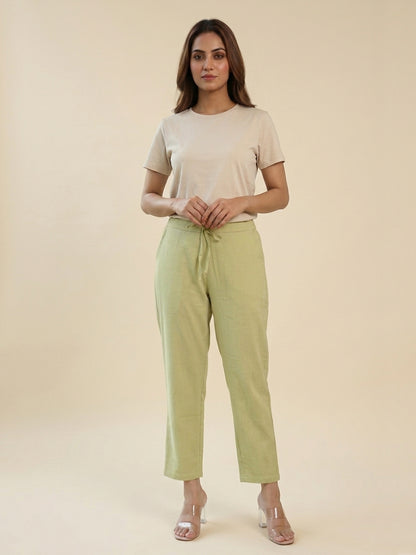 Pistachio Green Cotton Linen Straight Pants with Drawstring Waist