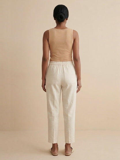 Off-White Cotton Linen Straight Pants with Drawstring Waist