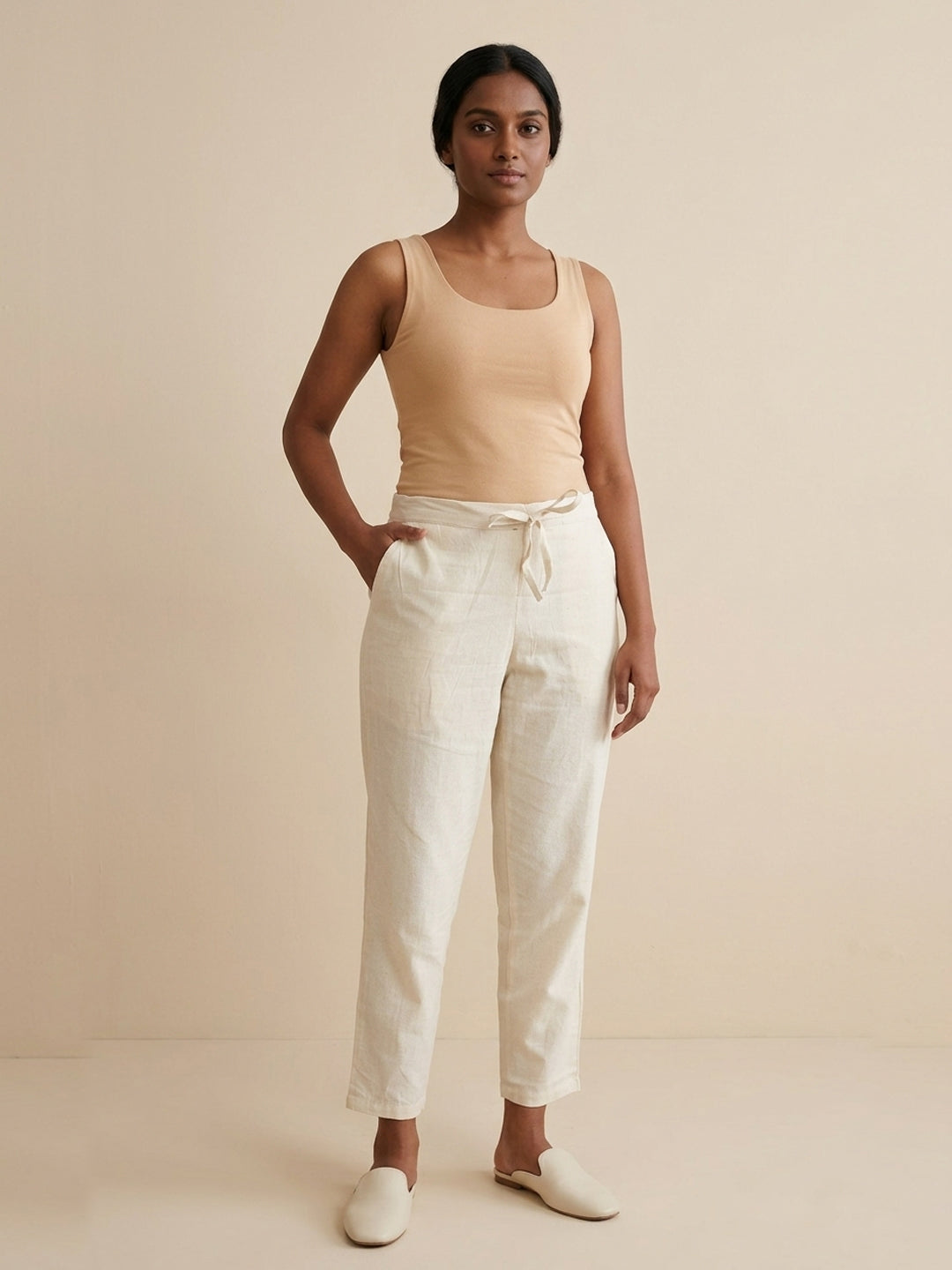 Off-White Cotton Linen Straight Pants with Drawstring Waist