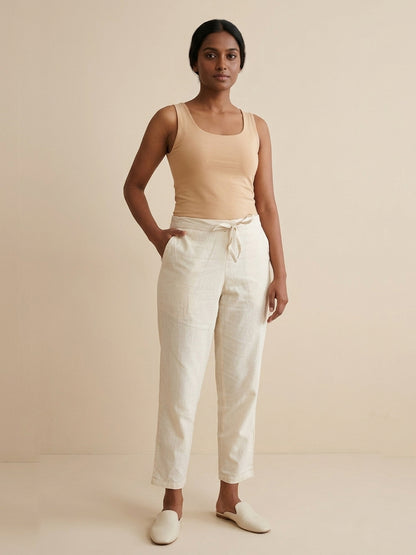 Off-White Cotton Linen Straight Pants with Drawstring Waist