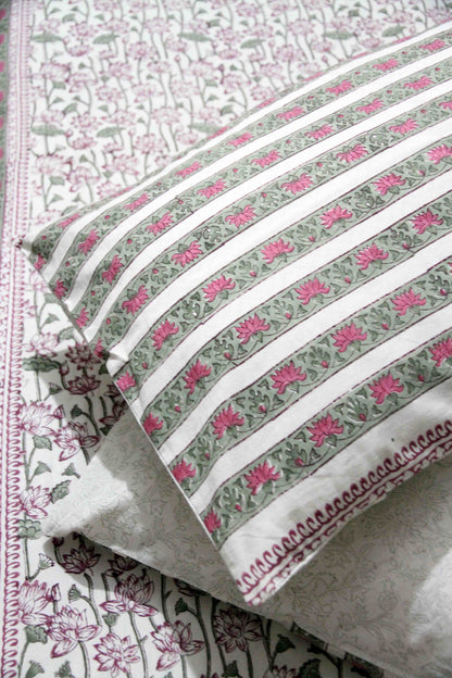 Pink and green lotus block printed cotton bedsheet with pillow covers