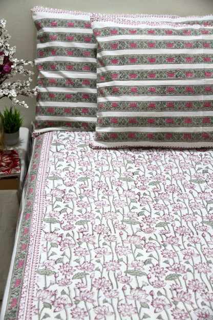 Pink and green lotus block printed cotton bedsheet with pillow covers