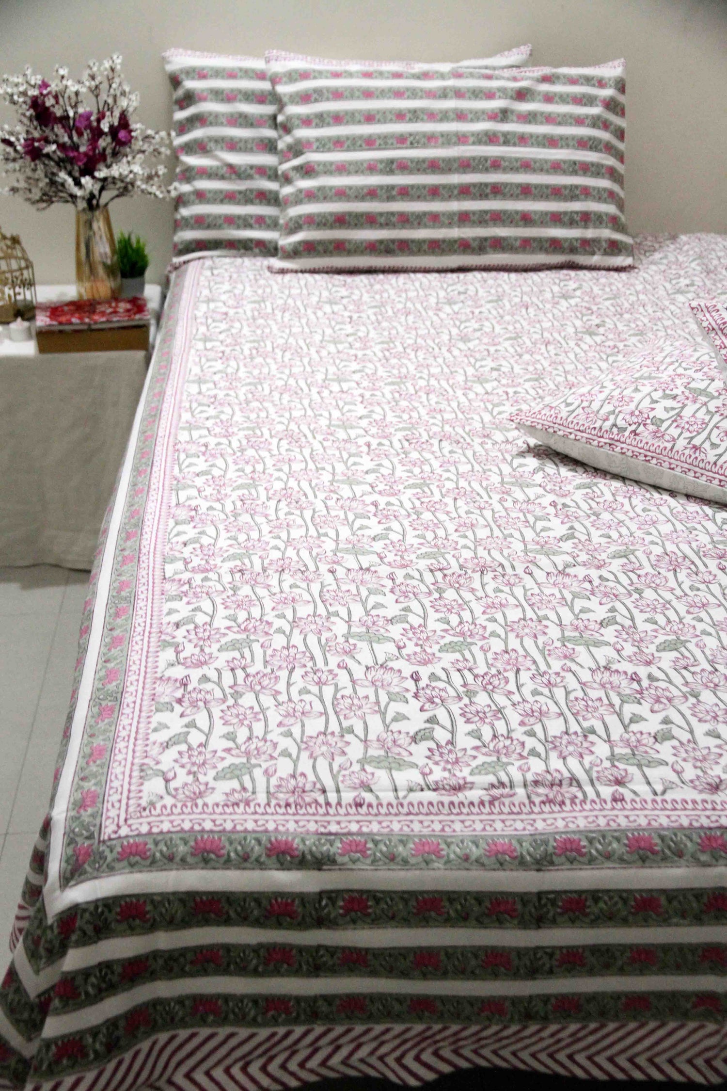 Pink and green lotus block printed cotton bedsheet with pillow covers