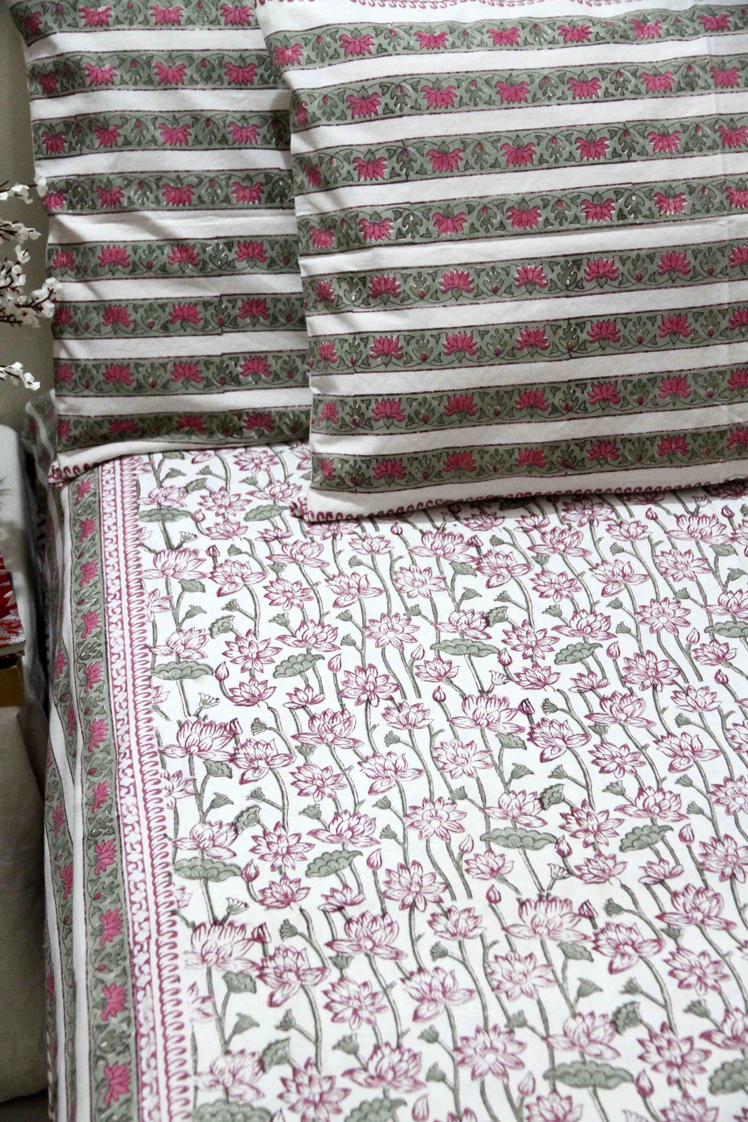 Pink and green lotus block printed cotton bedsheet with pillow covers