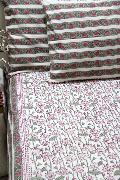 Pink and green lotus block printed cotton bedsheet with pillow covers