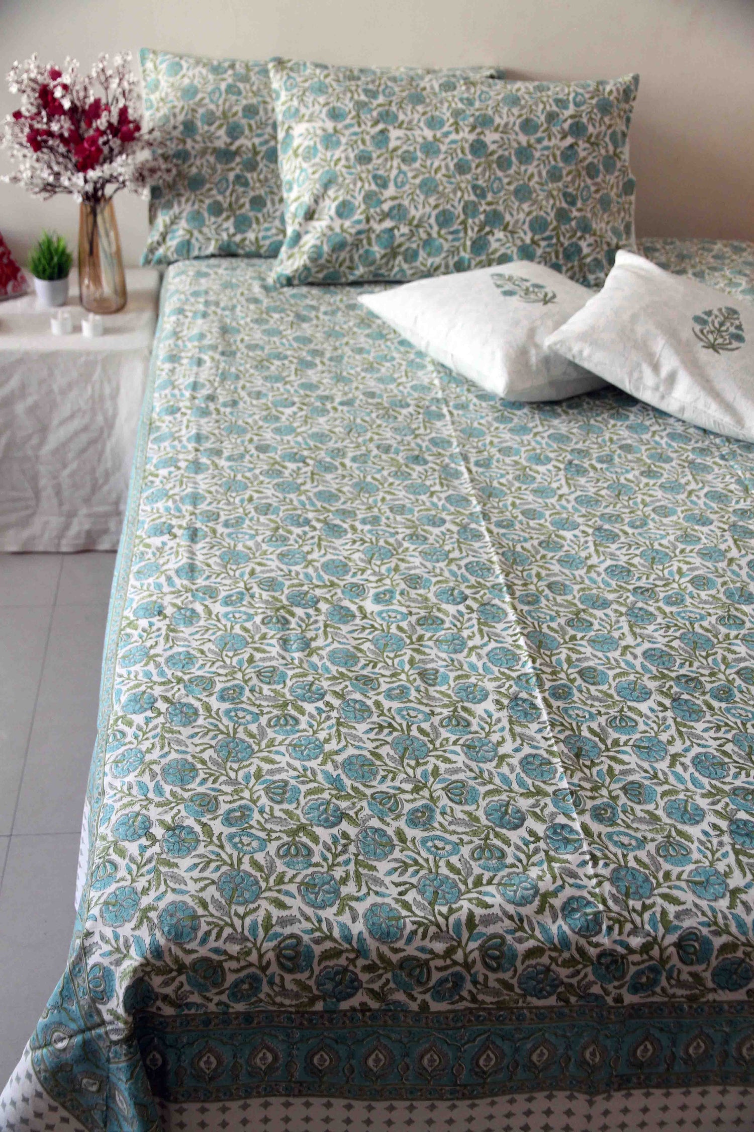 Teal and white block printed floral cotton bedsheet with pillow covers