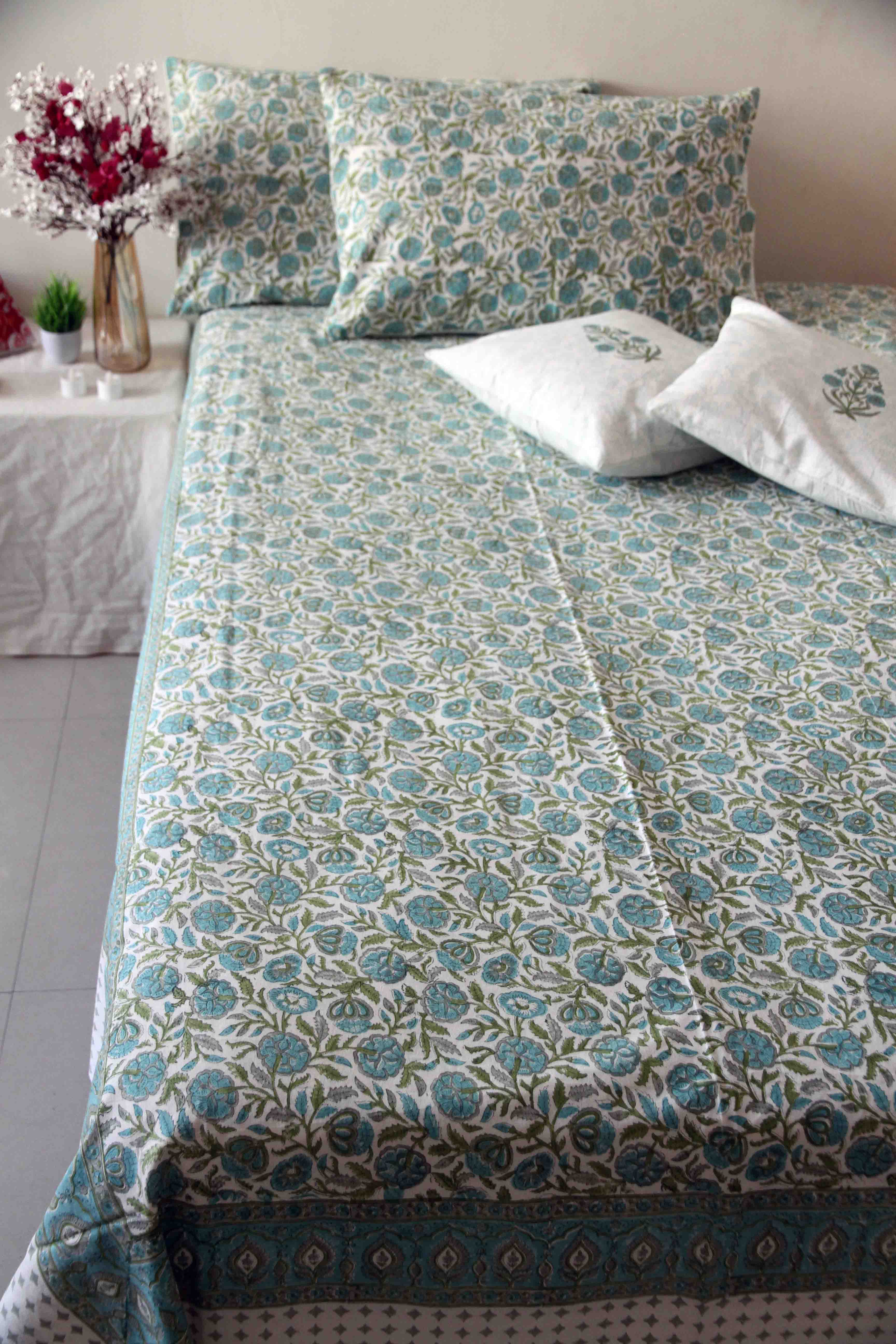 Teal and white block printed floral cotton bedsheet with pillow covers