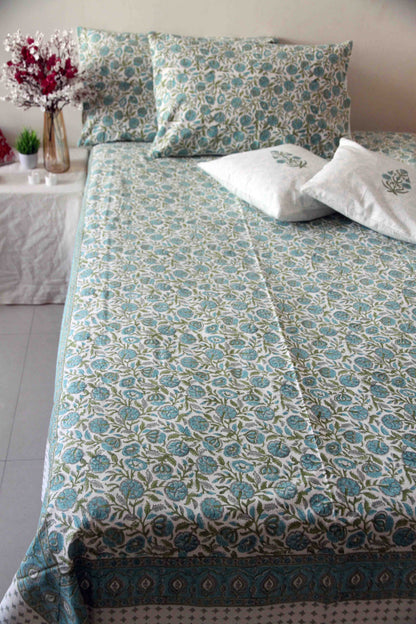 Teal and white block printed floral cotton bedsheet with pillow covers