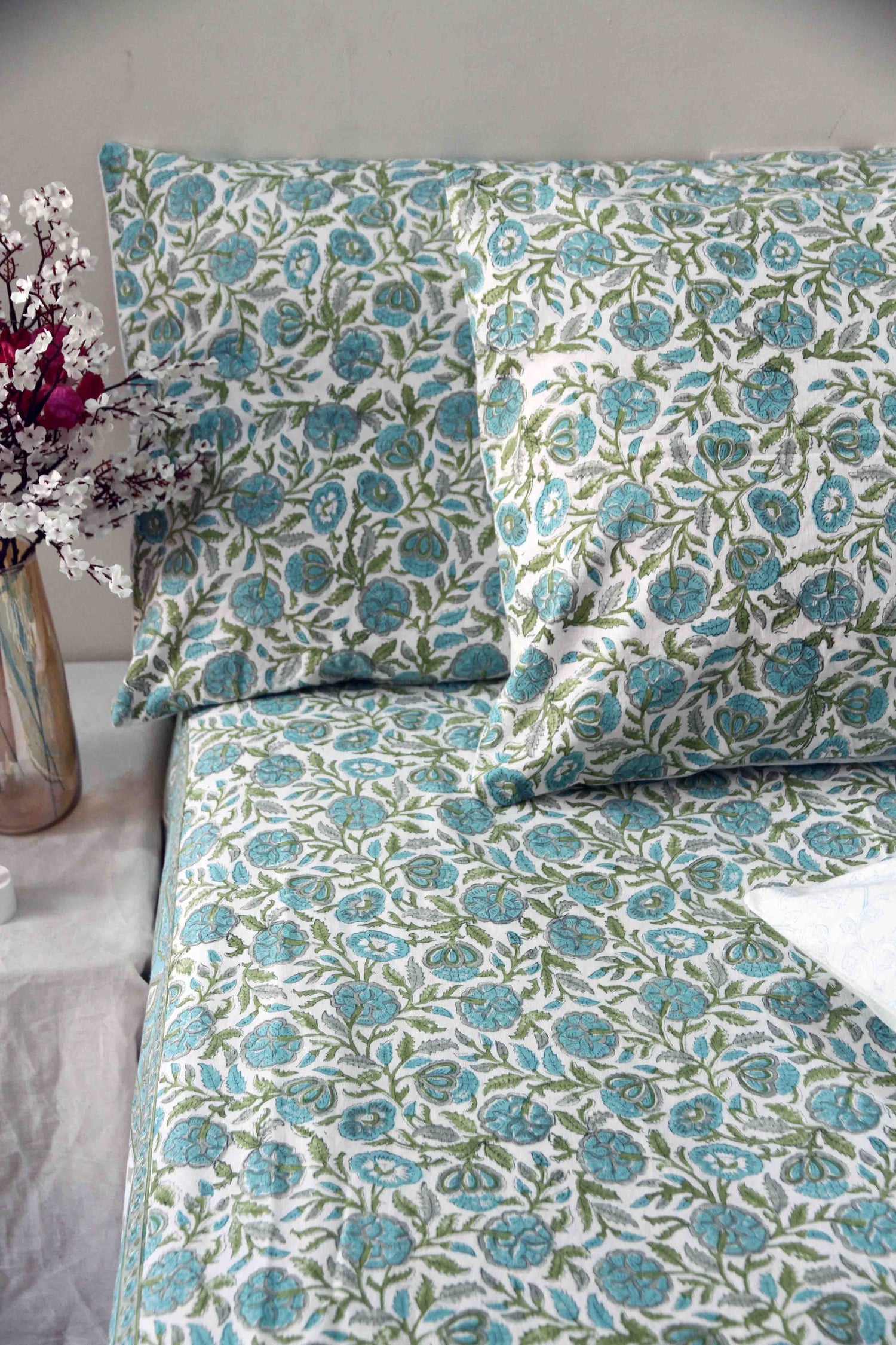 Teal and white block printed floral cotton bedsheet with pillow covers